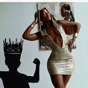 NWT - Backless, Hooded Low Cut Sexy Dress, Silver Tone Color, Size Small